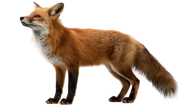 Full body side view of a red fox with thick orange fur and black legs