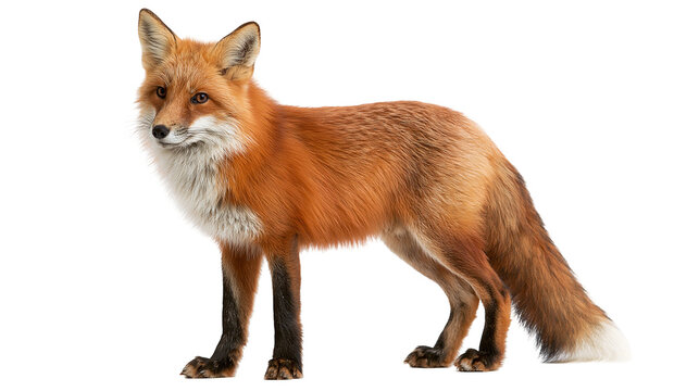 Full body side view of a standing red fox with thick orange fur and white chest