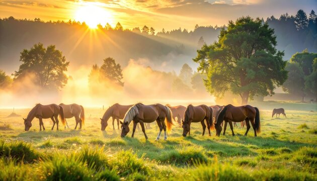 Horses graze peacefully in a misty meadow at sunrise.