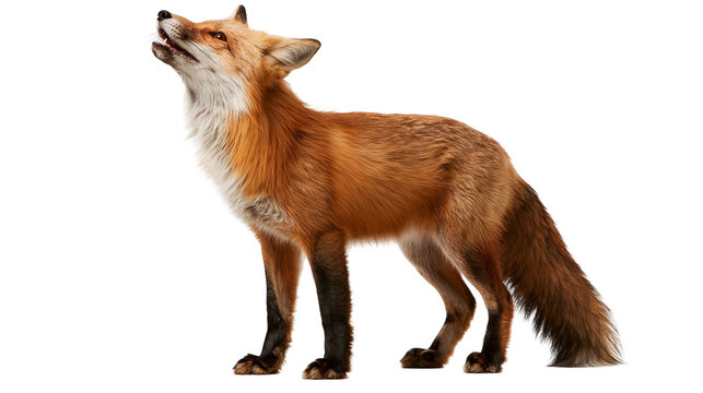 Red fox standing with head tilted up and mouth open