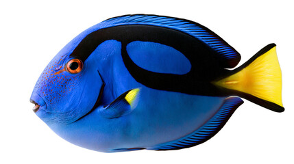 Vibrant blue regal tang fish with black markings and bright yellow tail fin © darietta