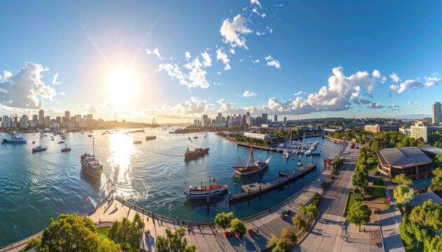 A panoramic view of a bustling harbor at sunset with a city skyline in the background.