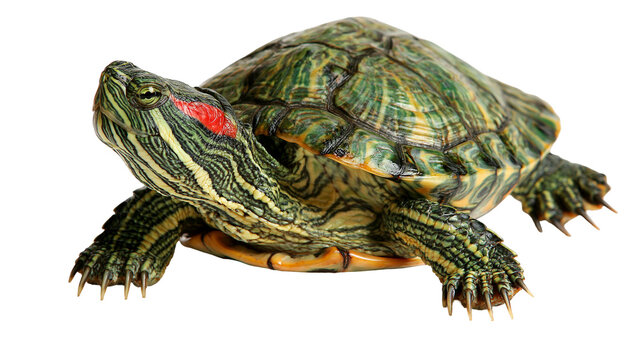 Red-eared slider turtle with green patterned shell and red stripe on head