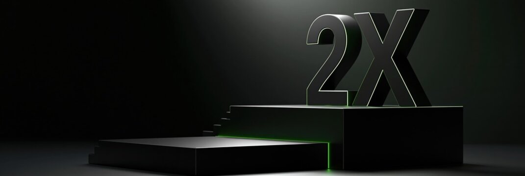 A business-focused scene shows 2X characters on ascending platforms with dark typography and green accents in styled lighting.