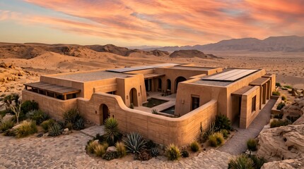 Obraz premium Modern adobe villa with solar panels in desert landscape at sunset