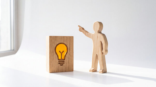 Wooden figure pointing at glowing lightbulb on block symbolizing idea generation or innovation concept indoors