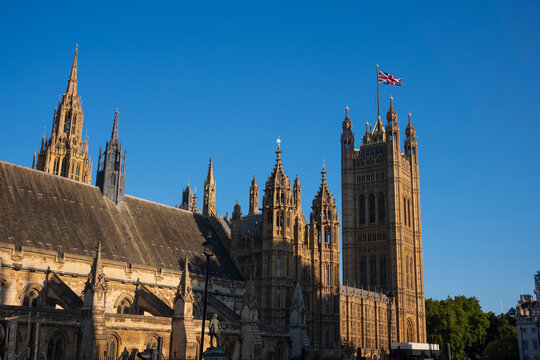 Looking up at the Palace of Westminster, Houses of Parliament, London, England, UK