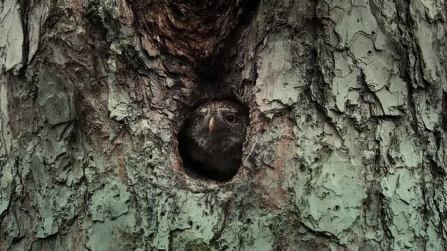 Close-up of a small owl peeking out from a hole in a textured tree bark