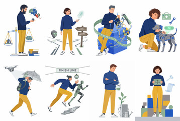 Fototapeta premium Set of flat vector illustrations representing human interaction with artificial intelligence, technology, and futuristic concepts in various life and work scenarios.