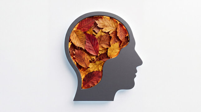 Human head silhouette filled with autumn leaves representing seasonal change and mental reflection concept