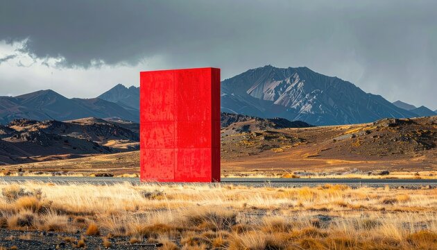 A vibrant red rectangular sculpture stands prominently in a vast, dry landscape.