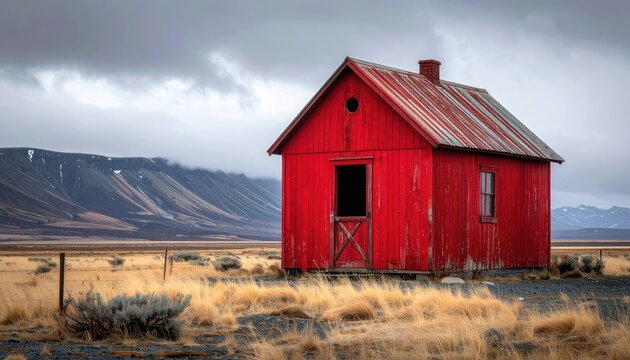 A solitary red cabin stands on a dry grassy plain with mountains in the background under a cloudy sky.