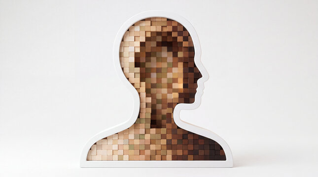 Human head silhouette filled with pixelated skin tones representing identity diversity and digital persona concept