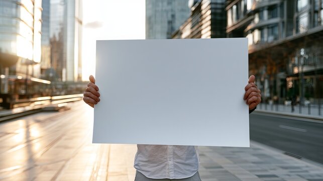 Holding a blank white sign, a person stands outside a modern urban setting, capturing golden hour brightness, creating a concept for advertising or announcements