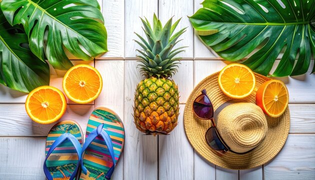 A vibrant summer flat lay featuring a pineapple, sliced oranges, flip-flops, a straw hat, sunglasses, and monstera leaves on a white wooden background.