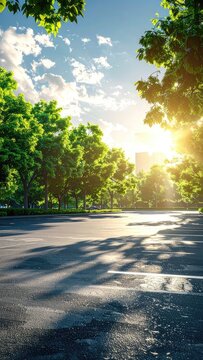 Sunlight filters through lush green trees onto a wet parking lot.
