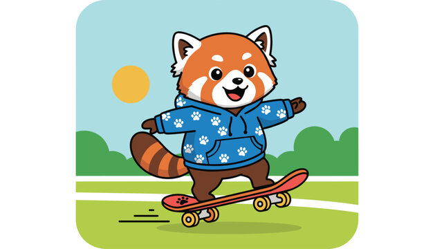 Cute red panda character wearing a blue hoodie skateboarding on a path under a bright warm sunny sky.