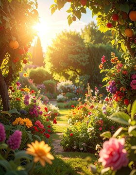 A vibrant garden path bathed in golden sunlight, overflowing with colorful flowers and ripening fruit.