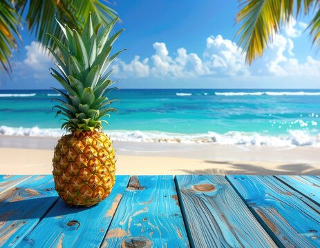 A ripe pineapple rests on a weathered blue wooden table with a tropical beach and ocean backdrop.