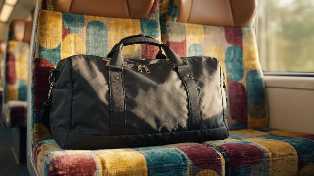 Black duffel bag resting on a vibrant, patterned train seat, ready for travel.