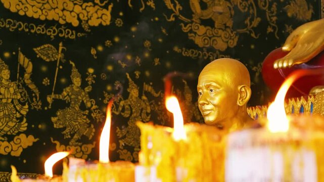 Slow Motion of Candle Flames Flickering in Front of a Golden Monk Statue