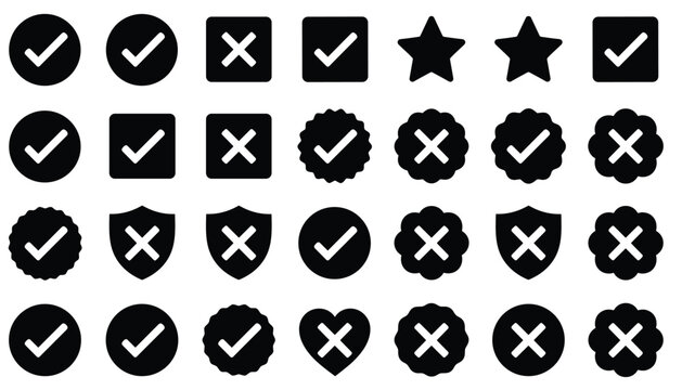 Massive collection of checkmark and crossmark icons in various circular square and shield shapes.