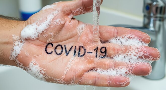 Hands washing with soap under running water.
