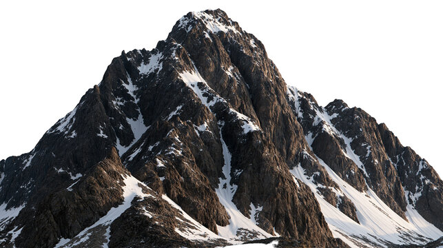 Rugged snow capped mountain peak with steep rocky slopes and deep crevices