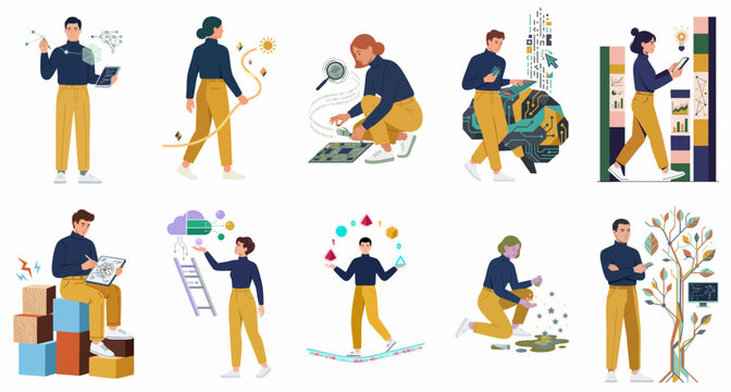 Collection of flat vector characters illustrating various business concepts including innovation, technology, growth, creativity, and problem-solving activities on a white background.