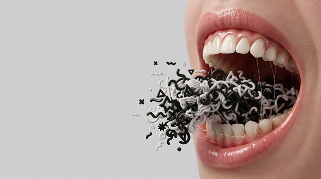 Stuttering Concept With Abstract Symbols Flowing From Open Human Mouth
