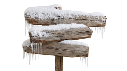 Weathered wooden signpost with three blank planks covered in snow and icicles © darietta