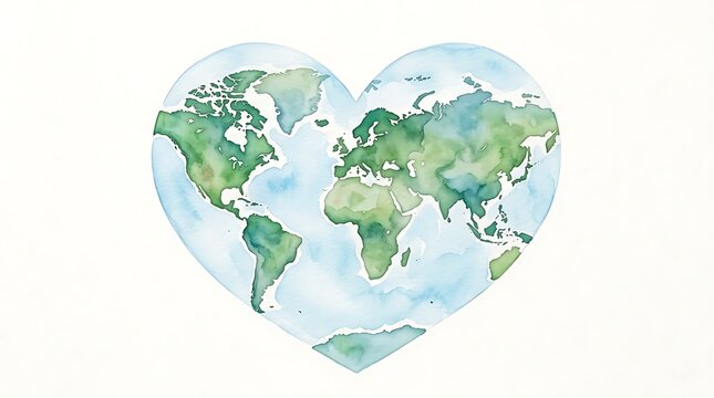 World map shaped like a heart with green countries and continents