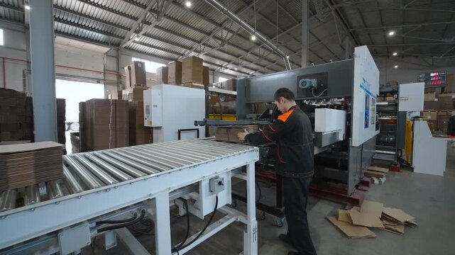 Industrial worker handling stacked cardboard sheets beside automated carton machine and roller conveyor in bright packaging warehouse
