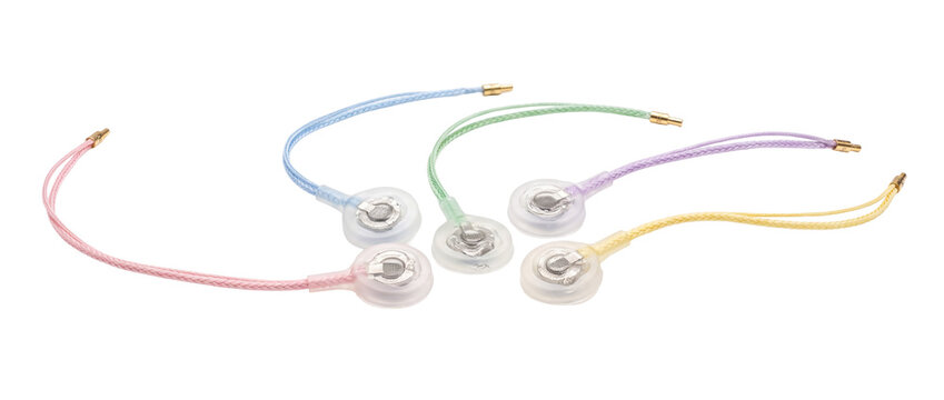 EEG medical electrodes sensor wires isolated on black background for brain monitoring, neurology diagnostic test, colorful pediatric ECG EMG lead cables, healthcare equipment concept illustration