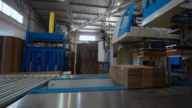 Warehouse packaging line with conveyor rollers, stacked cardboard sheets and tall box stacks, stationary worker beside blue and silver machinery under bright overhead lights