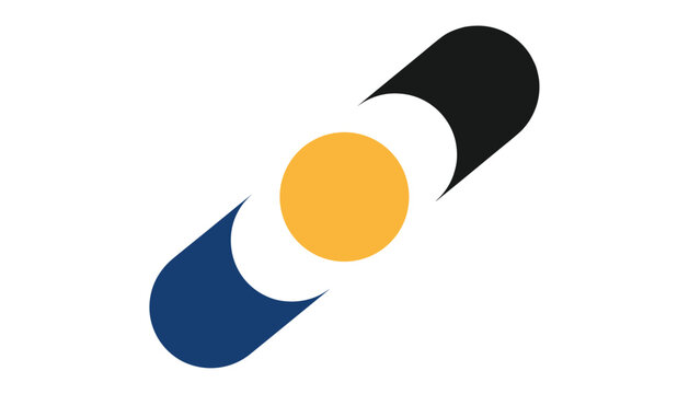 Abstract geometric logo design featuring diagonal capsule shapes in blue and black with a central yellow circle.