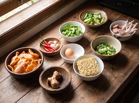 Authentic seblak ingredients including crackers, chili, galangal, egg, noodles, and vegetables arranged for culinary education, recipes, restaurant content, and food campaigns