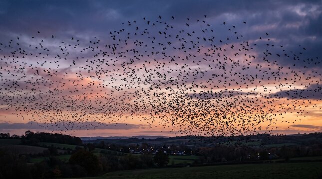 evening twilight sky crowded with flying bird flock  
