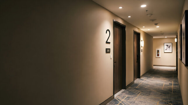 Modern hotel corridor with soft lighting and numbered room doors