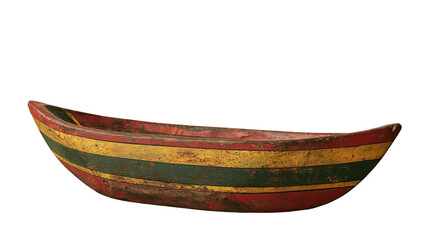 Weathered wooden canoe with red yellow and green painted stripes © darietta