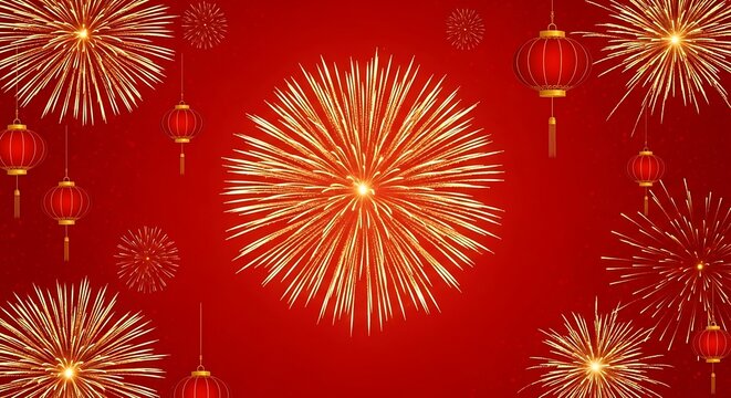 Dazzling fireworks explosion in dark red night sky