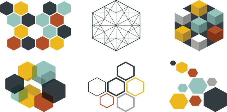 Modern Hexagon Geometric Shapes Vector Set Featuring Abstract Honeycomb Patterns, Polygon Elements, Wireframe Designs, and Minimal Hexagonal Graphics Collection