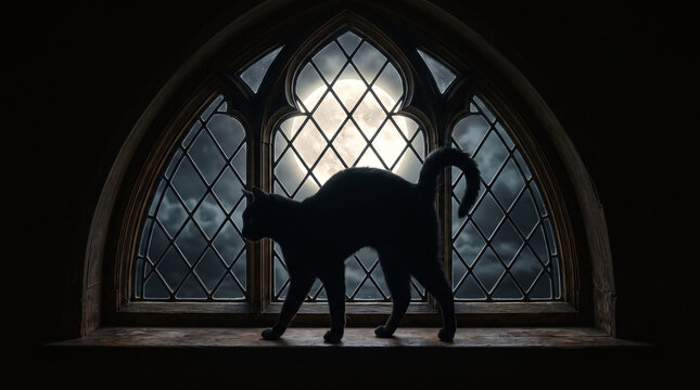 Stylized black cat silhouette arching its back before a moonlit window