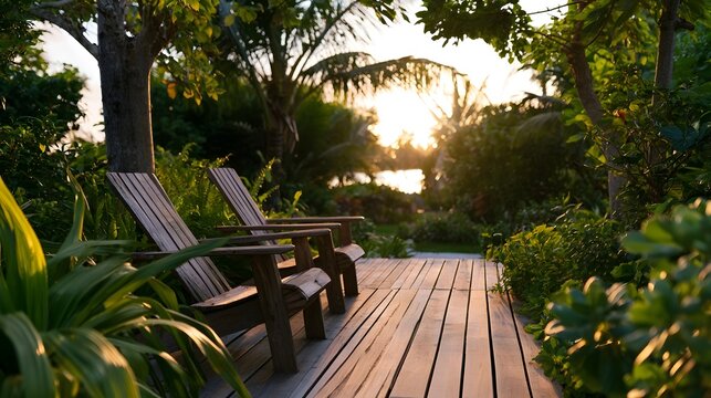 Two wooden lounge chairs on a wooden deck surrounded by lush tropical foliage with warm sunlight filtering through trees