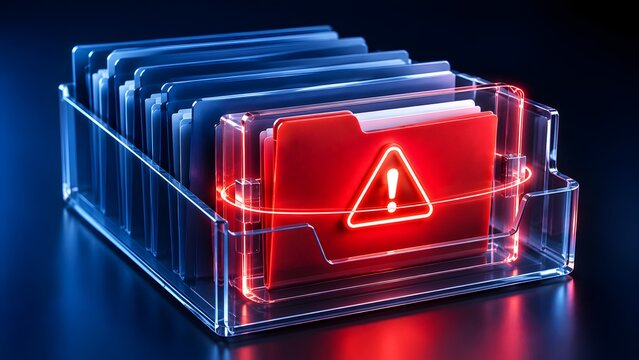Red warning folder with exclamation mark in a digital file organizer, representing data risk and security alert