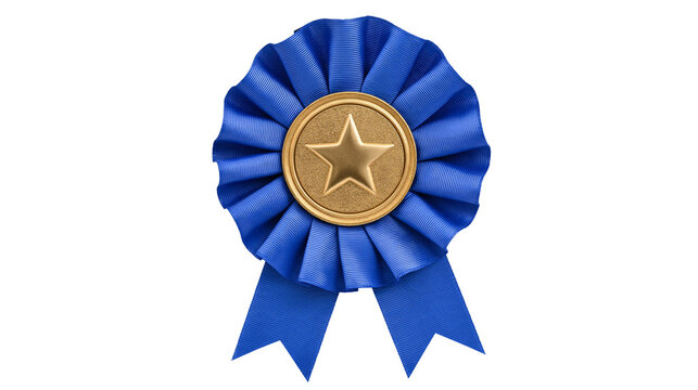 Blue fabric rosette ribbon with a gold metallic star medal center