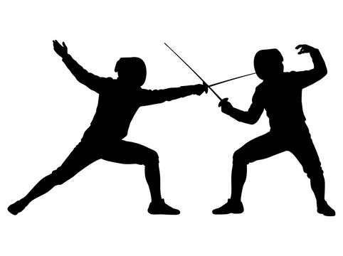 Fencing athletes in action silhouette showing sword fighting duel in competitive sport