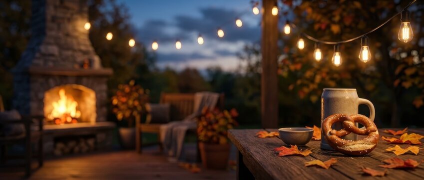 Rustic outdoor autumn evening celebration scene with beer mug and pretzel on wooden table