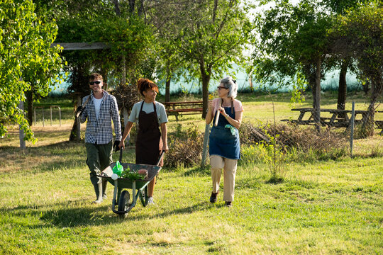 Group of multi generational gardeners walking and carrying tools in an urban farm