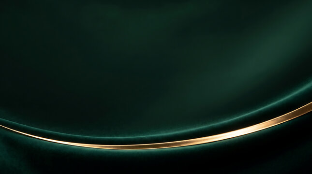 Deep emerald green silk fabric background with a curved gold line satin fabric luxurious fabric silk texture golden accent silk surface gold trim smooth texture luxury background dark green